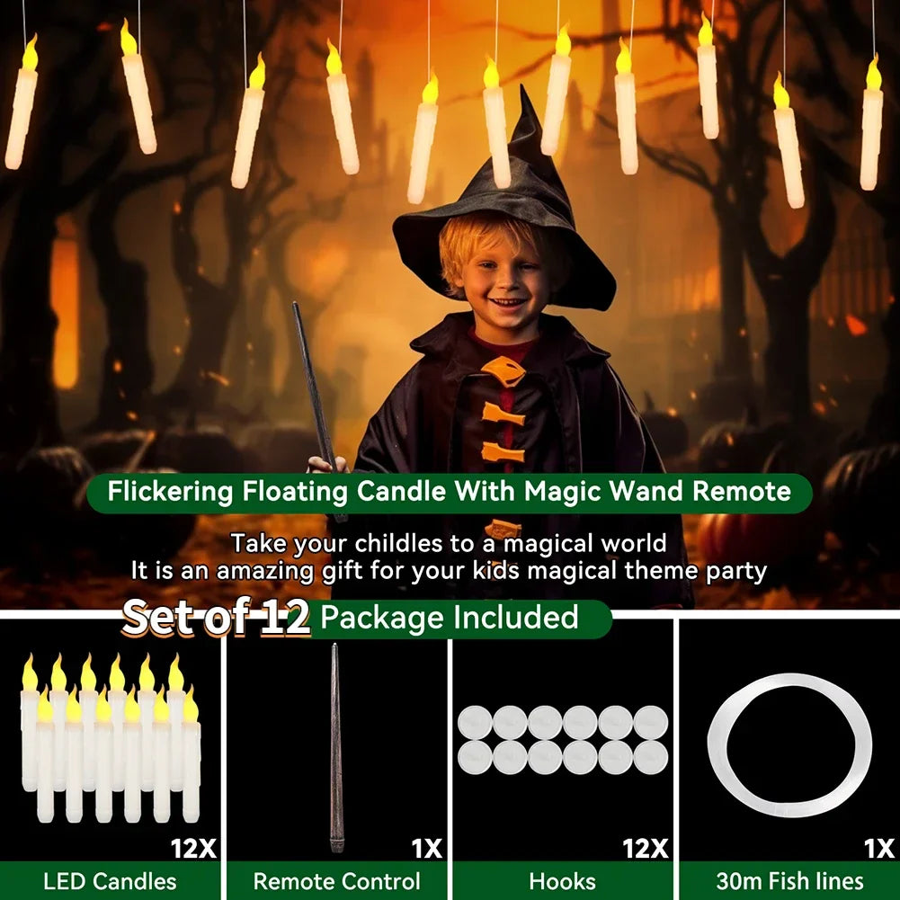 Floating Flameless Candles with Wand Remote - Hanging LED Magic Candles for Halloween & Christmas Decor