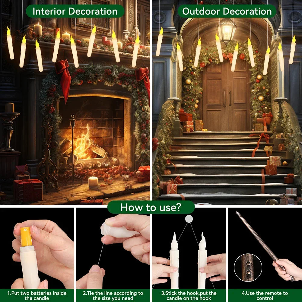 Floating Flameless Candles with Wand Remote - Hanging LED Magic Candles for Halloween & Christmas Decor